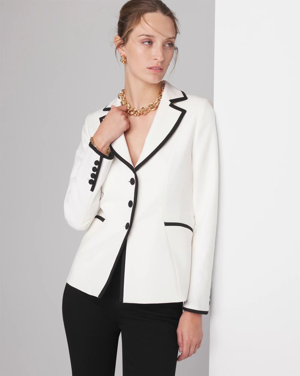 White blazer with black trim women's discount